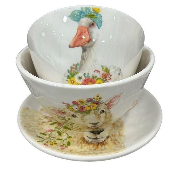 Grace Fine Ceramic Home Easter Animal & Flower Print Plate & Bowl 4Pc Set OS - Picture 3 of 11